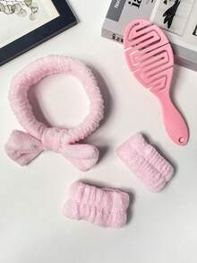 4 món phụ kiện tóc màu hồng cho nữ vào mùa thu đông, dây buộc tóc và vòng đeo tay bằng vải nhung, mềm mại, không để lại dấu vết, chống trượt, tóc bông, chống tĩnh điện, đầu tròn, lược massage hình lưng, du lịch tại nhà, đỉnh đầu cao, áp lực tóc, rửa mặt, tắm, phụ kiện tóc - Hồng - Xem 3