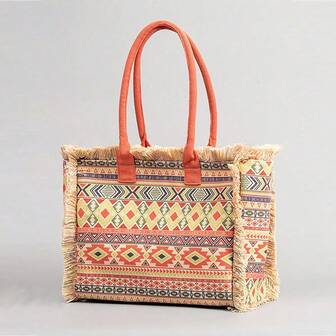 Bohemian Style Geometric Pattern Canvas Tote Bag, Large Capacity Beach Bag Suitable For Work Commute, Vacation Style