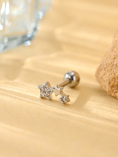 1pc Copper Made Five-Pointed Star Linked With Stainless Steel Ear Wire & Ball Decor Minimalistic Fashionable Stud Earring, Daily Wear For Women, Available In Gold And Silver