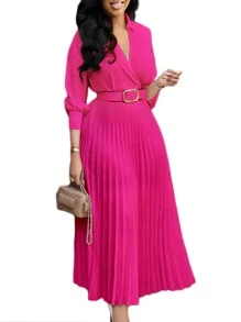 轻盈面料宽松纯色褶皱连衣裙，配腰带，复古风格女装，适合秋冬季节，优雅女士，返校节、婚礼、生日、教师装等场合。 - 玫紅色 - 查看 3