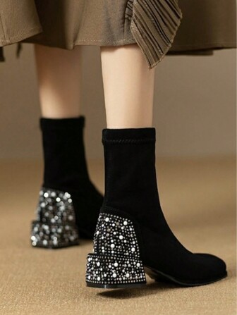 2024 Autumn New Thick Heel Low Heel Pointed Toe Sequin Elastic Boots Women Mid-Calf Boots Fashion Versatile Plus Size Short Booties,Fashion Match Dress