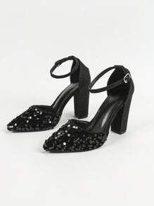 Damen Spitzschuh Chunky Heel Slip-On Perlendekoration Hohldurchbruch Glänzende Party Pumps, minimalistischer Stil, elegant für formelle Anlässe, Schwarz