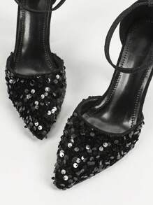 Damen Spitzschuh Chunky Heel Slip-On Perlendekoration Hohldurchbruch Glänzende Party Pumps, minimalistischer Stil, elegant für formelle Anlässe, Schwarz