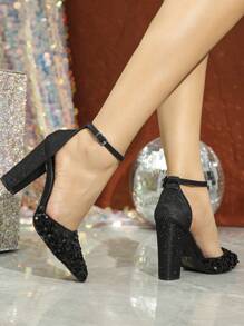 Damen Spitzschuh Chunky Heel Slip-On Perlendekoration Hohldurchbruch Glänzende Party Pumps, minimalistischer Stil, elegant für formelle Anlässe, Schwarz