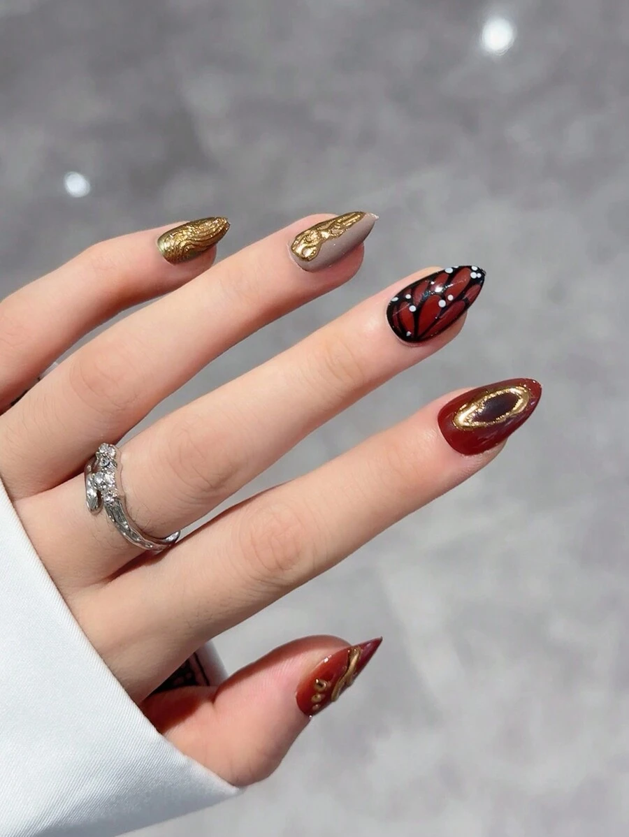 Boost Your Elegant 30 Pieces Short Almond Shape Simple Butterfly Fake Fingernail Set Is Suitable For Girls To Wear Daily Press On Nails Nail Supplies Nails