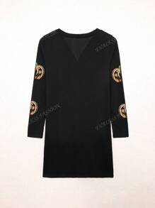 Cardigan à manches longues, col en V, boutonnage devant avec motif grimace Halloween pailleté