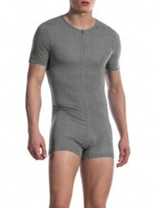 INCERUN Mens Short Sleeve Zip Up Leotards Jumpsuits Rompers Underwear Playsuits Bodysuits Nightwear Loungewear Onepieces - Grey - View 1