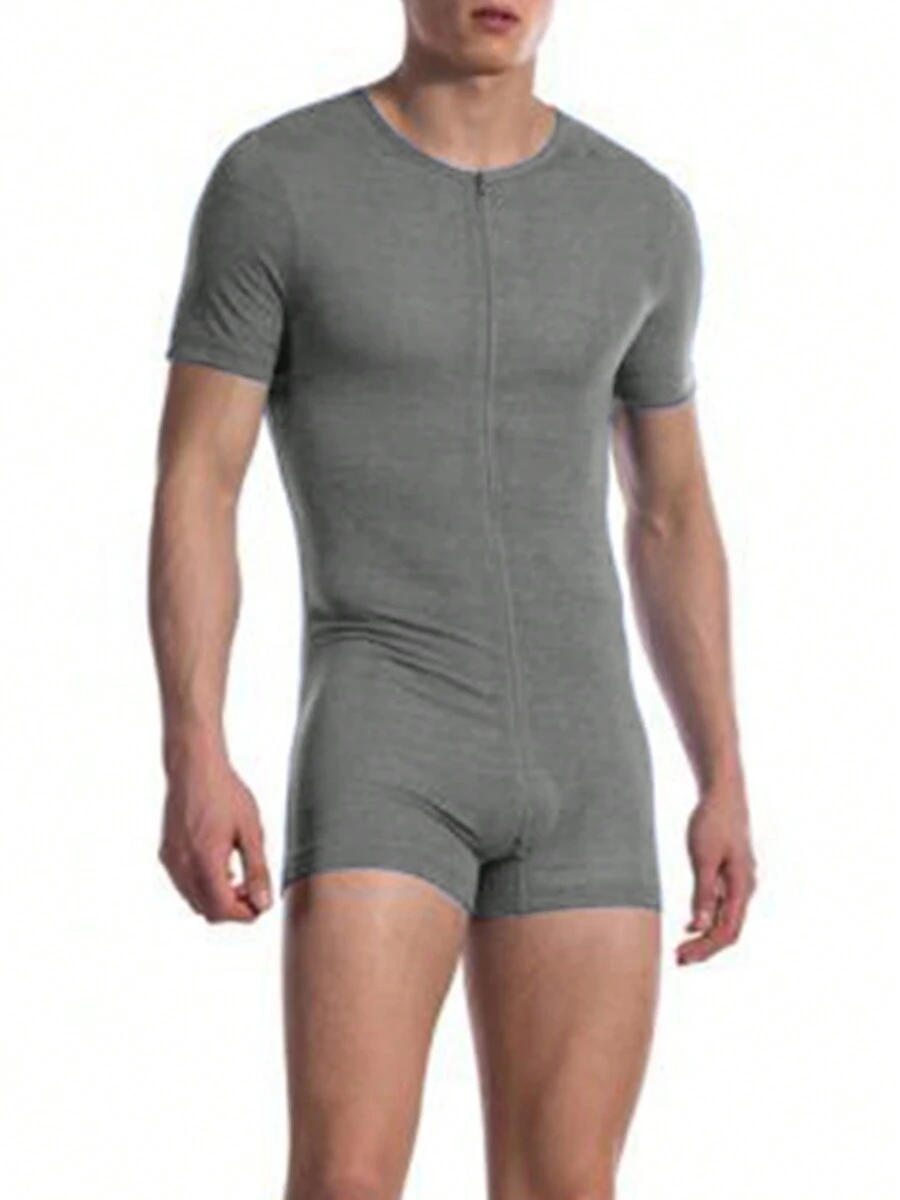 INCERUN Mens Short Sleeve Zip Up Leotards Jumpsuits Rompers Underwear Playsuits Bodysuits Nightwear Loungewear Onepieces - Grey - View 1