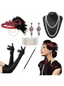 D EXCEED 6 件 20 世纪 20 年代女式飞来波女郎了不起的盖茨比配饰套装咆哮的 20 年代主题复古时尚派对查尔斯顿化装舞会万圣节装饰礼物化妆舞会角色扮演带人造羽毛头带舞会 - 多色 - 查看 18
