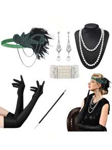 D EXCEED 6 件 20 世纪 20 年代女式飞来波女郎了不起的盖茨比配饰套装咆哮的 20 年代主题复古时尚派对查尔斯顿化装舞会万圣节装饰礼物化妆舞会角色扮演带人造羽毛头带舞会 - 多色 - 查看 69