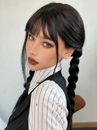 Peluca trenzada con doble coleta y flequillo para mujeres y niñas, disfraz de cosplay de Miércoles, disfraces de Halloween, pelucas para fiestas y cosplay, regalos y uso de selfie