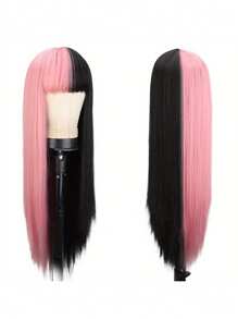 合成头发 26 英寸长直发半粉半黑角色扮演假发，带刘海，双色渐变色，女士假发，带平刘海，适合角色扮演日常派对使用，耐热纤维发，学校万圣节感恩节圣诞节新年狂欢节音乐节假发，高密度假发