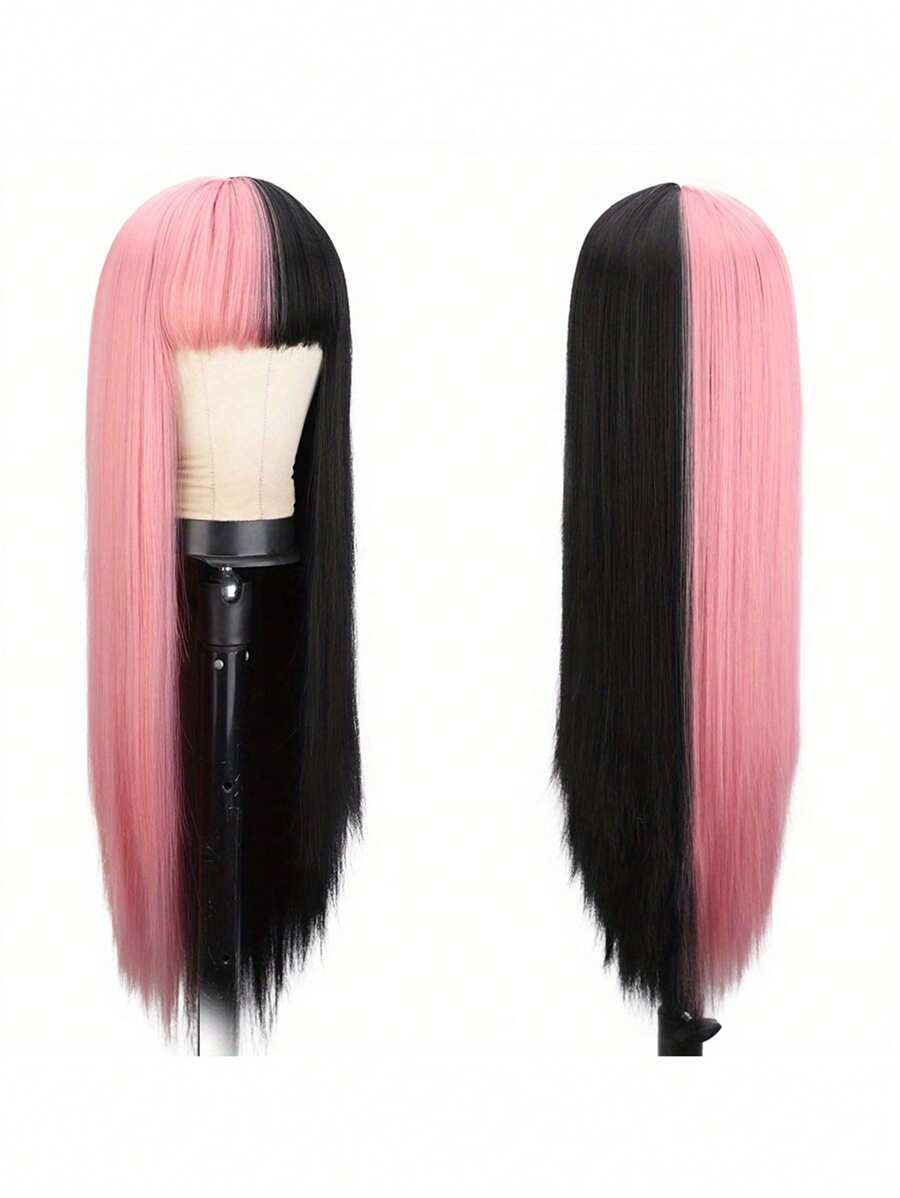 合成头发 26 英寸长直发半粉半黑角色扮演假发，带刘海，双色渐变色，女士假发，带平刘海，适合角色扮演日常派对使用，耐热纤维发，学校万圣节感恩节圣诞节新年狂欢节音乐节假发，高密度假发
