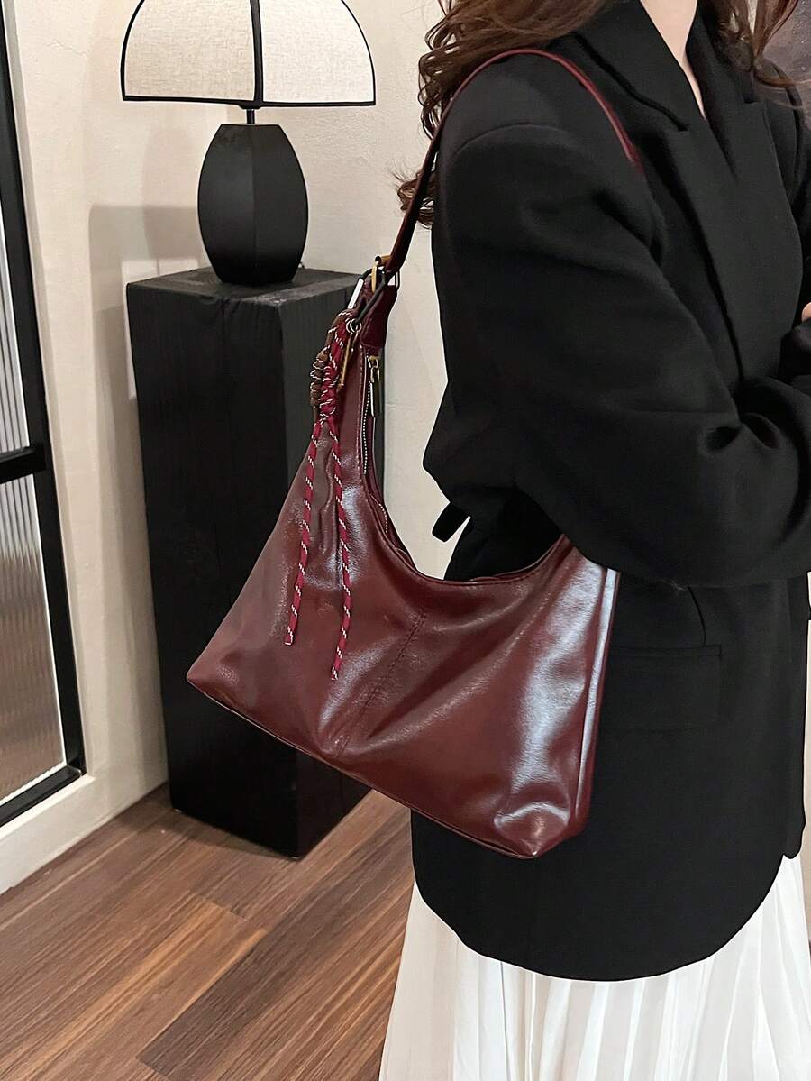 秋冬复古美亚德色漆皮PU软面料流浪包百搭单肩大容量百搭休闲通勤包 - 酒紅色 - 查看 1