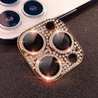 New One-Piece Gold Rhinestone-Studded Camera Lens Film For Mobile Phone, Works Compatible With IPhone For Birthday, Family, Friends Sparkling Crystal, Lens Protector, Phone Accessories Waterproof Shockproof Anti-Fall Scratch Resistant Anti-Fingerprint Full Cover