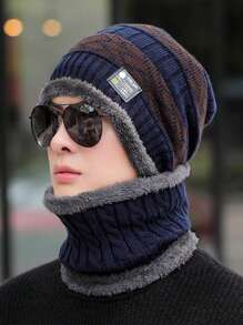1 件男士简约针织围巾和帽子套装，秋冬保暖厚针织帽带面罩，适合户外活动万圣节冬季配饰万圣节装饰