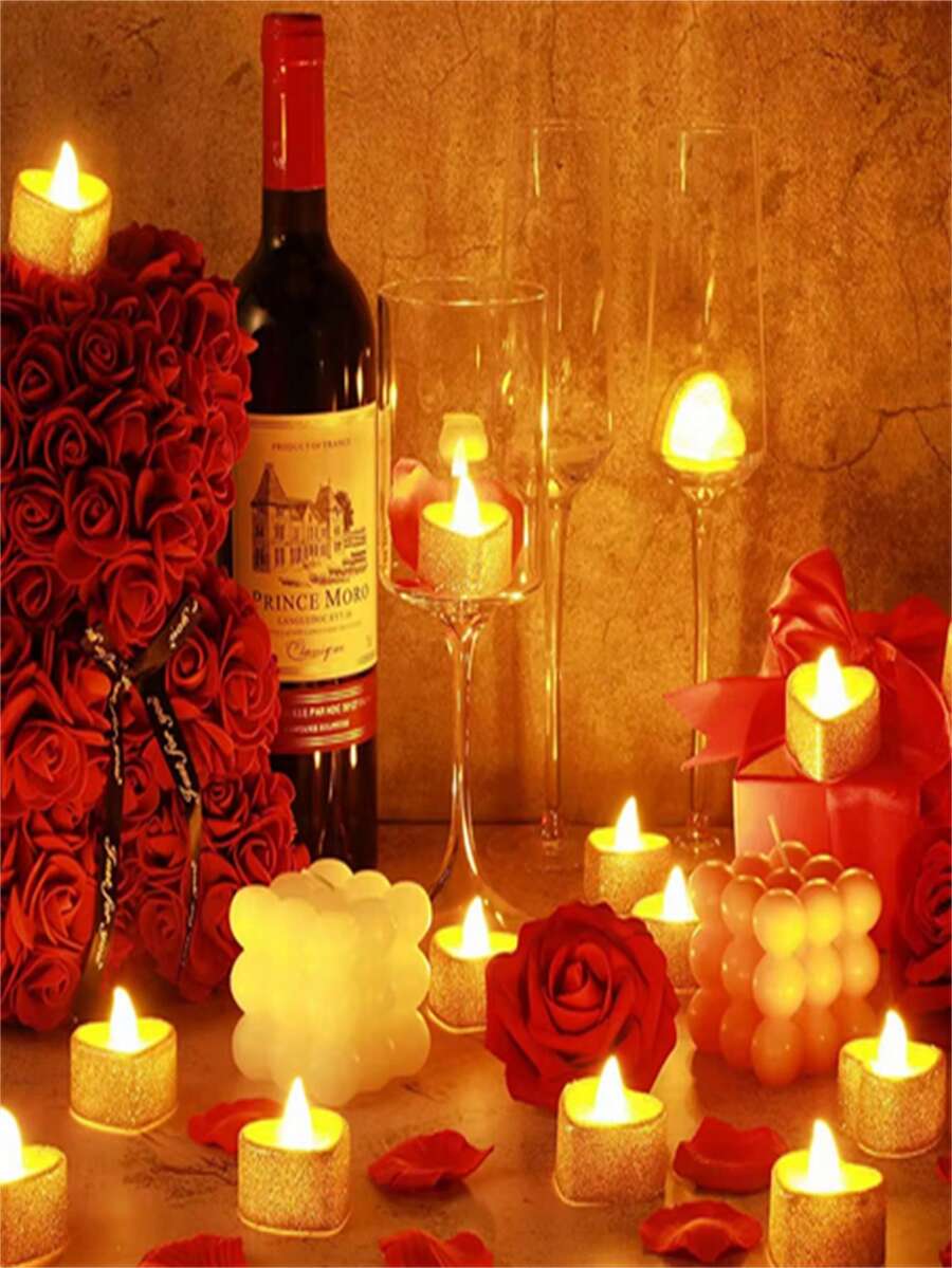 6/12支红色无焰浪漫LED蜡烛，配100片人造玫瑰花瓣，适用于节日、婚礼、生日、情人节、新年、周年纪念日装饰、庭院、花园（不含电池） - 銀色 - 查看 1