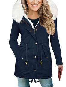 Damen lässiger Mantel mit Kordelzug-Taille, Kapuze und plüschigem Kragen, wattiert, für Herbst/Winter