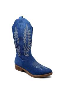 Western Embroidered Cowboy Mid-Calf Boots - Blue - View 3