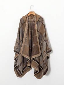 1 件几何图案休闲编织提花连帽斗篷，亚克力格子图案厚实保暖围巾披肩，适合办公室、秋冬季