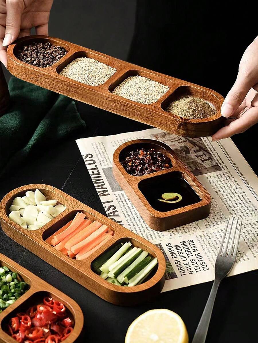 1 件装多隔间调味品盘，家用木制小吃盘，火锅，烧烤酱盘，小食物托盘 - 棕色 - 查看 1