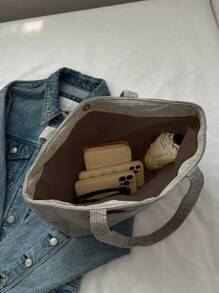 Large Capacity Solid Color Simple Corduroy Tote Bag, New In Fall/Winter Large Capacity Shoulder Tote Bag, Literary School Bag For Teens, Book Bag For Women Or Students, Perfect For Books, Shopping, Back To School And More, Perfectly Matching With Fall Outfits Women - Grey - View 8