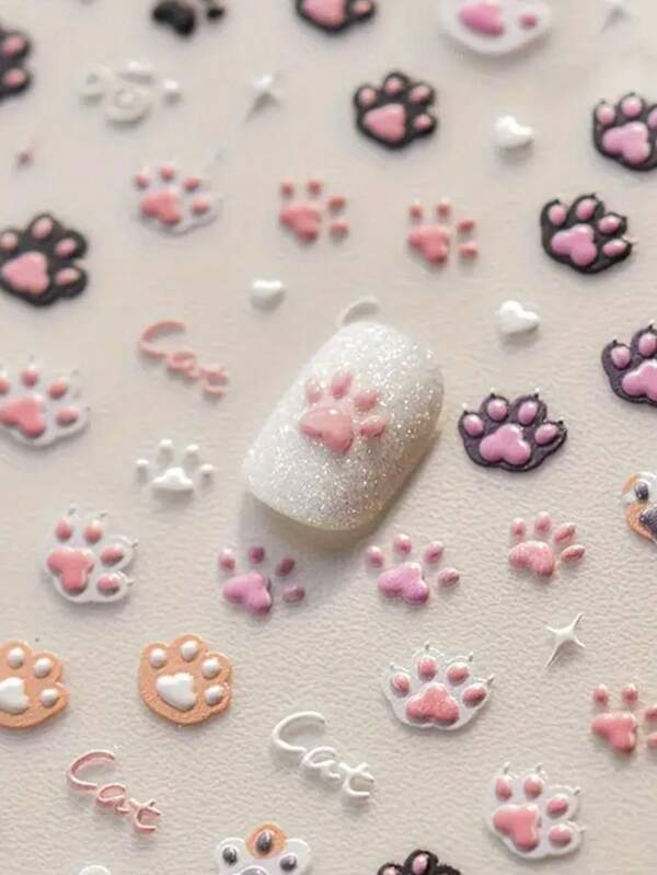 1pc Cute Cat Claw Nail Art Sticker, Cartoon Animal 3D Embossed PVC Sticker, Suitable For Nail Salon And DIY Nail Art Supplies, Glossy Surface, Embroidery Style Single Use Decals, Asymmetrical Shape - Fit For Women Nail Decoration