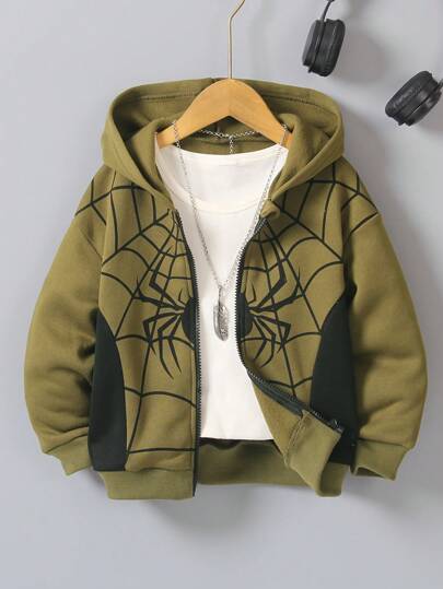 2024 秋季年轻男孩休闲时尚拼色蜘蛛印花长袖连帽拉链运动衫夹克