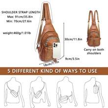 Bohemian Retro PU Leather Chest Bag, z paskami na ramię, które można rozszerzyć, aby uzyskać konstrukcję dwuramienną. Posiada tłoczenie skóry i wiele kieszeni, w których można przechowywać telefony komórkowe i kosmetyki. Jest bardzo odpowiednia do podróży, aktywności na świeżym powietrzu i wycieczek.