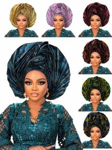Nigerian Women's Hat Aso O New Color Fabric Weaving, Hand Folded Flower Fan Layered African Hat Topper, Auto Gel Headwear, Suitable For Weddings, Parties, And Other Festivals, Adjustable - A - View 1