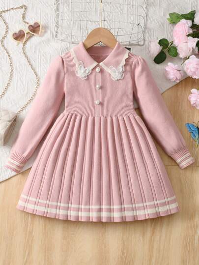 Young Girl Sweet Knitted Sweater Dress, Long Sleeve, For Spring And Autumn, Cute And Fashionable, Princess Style
