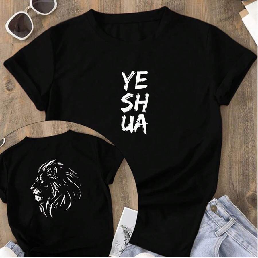 Women's T-Shirt Front And Back Printed Yeshua Salvation Lion T-Shirt Various Colors 100% Cotton - 黑色 - 查看 1