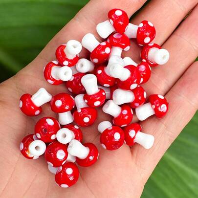 10入組紅色粉末蘑菇燈籠工藝玻璃散珠，DIY手工藝品珠寶製作配件，耳環，尺寸為10x13毫米和12x16毫米