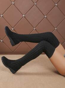 Women's New Winter Suede Patchwork Knitted Over-The-Knee Round Toe Solid Color Stretchy Over-The-Knee Boots, Black Long Boots, Chunky Heel Thick Sole Comfortable Lightweight Anti-Slip Snow Boots, Thermal Lined Warm Fashion Versatile Dress Boots