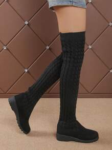 Women's New Winter Suede Patchwork Knitted Over-The-Knee Round Toe Solid Color Stretchy Over-The-Knee Boots, Black Long Boots, Chunky Heel Thick Sole Comfortable Lightweight Anti-Slip Snow Boots, Thermal Lined Warm Fashion Versatile Dress Boots