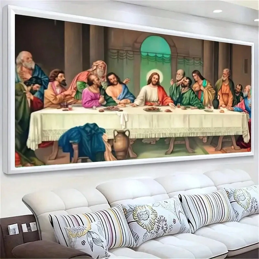 5D DIY 人造钻石画套件，圆形钻石《最后的晚餐》，耶稣，大尺寸全水钻粘贴 DIY 绘画十字绣艺术工艺品适用于家居墙壁装饰 - 彩色 - 查看 1