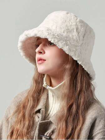 1pc Big Head Around Bucket Hat Woman Winter New Warm All Match Face Small Hat Autumn And Winter Days Plush Bowl Hat