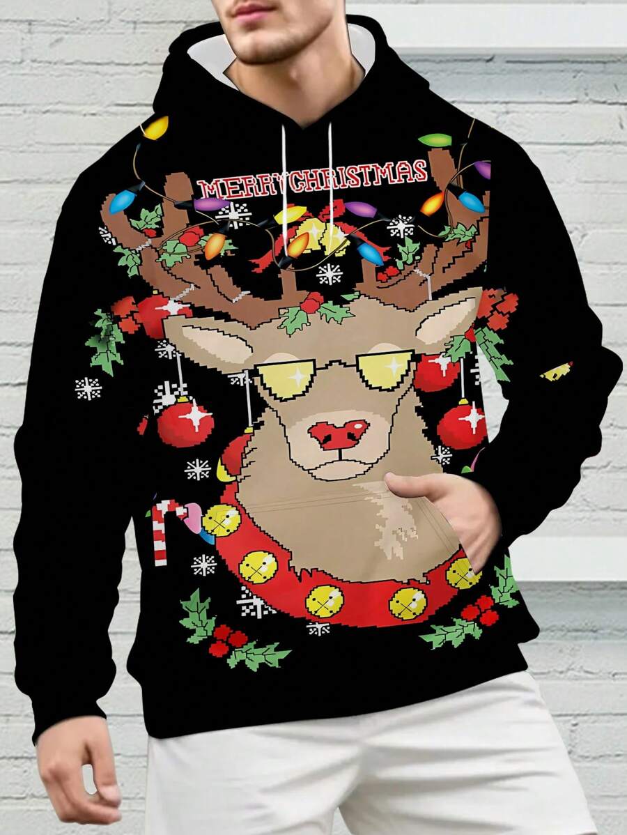 Men 3D Print Novelty Pattern Hoodie, Pullover Hooded Sweatshirt With Drawstring & Pocket, Suitable For Autumn & Winter - Multicolor - View 1