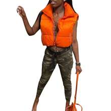 Women Winter Cropped Puffer Vest Lightweight Sleeveless Warm Stand Neck Zipper Outerwear Casual Jacket - 橘色 - 查看 2