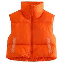 Women Winter Cropped Puffer Vest Lightweight Sleeveless Warm Stand Neck Zipper Outerwear Casual Jacket - 橘色 - 查看 3