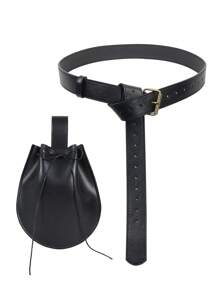 2PCS Faux Leather Medieval Knight Belt Waist Bag Set Renaissance Belt Pouch COSPLAY Props - Black - View 2