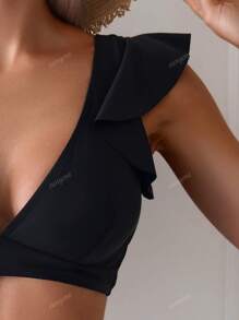 1pc Women's Solid Color Minimalist V-Neck Ruffle Bikini Top, Casual Vacation Summer