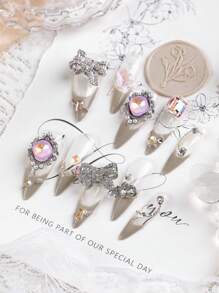 10pcs Press On Nails Long Nail French Coffee Color Bow Explosive Flash Diamond Heavy Industry Water Droplet Shape Pure Handmade Production Nails Long Nails Press On Nails Set Includes 1sheet Adhesive Tabs &1 Pc Mini File