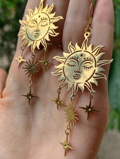 1 Par Vintage Golden Sun Goddess Örhängen, Bohemian Handmade Kiss Sun Face Fight The Fire Hollow Out Star Mönster Hänge örhängen Dingla Hippy Boho Style Öron Charm Häxa Smycken För Kvinnor Flickor Dagligt slitage