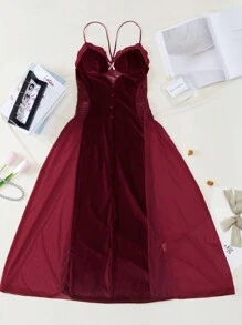 Seksowna bielizna: panel z koronki, panel z aksamitu, kokardka, sztuczne guziki, wysokie rozcięcie, wyjmowane wypełnienie, odkryte plecy, sukienka halka z ramiączkami - Burgund - Zobacz 8