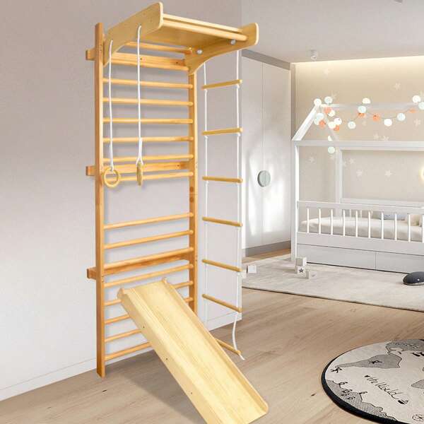 VA-Cerulean Multifunktions Sprossenwand Set, Holz Klettergerüst Indoor, Kletterwand, Klettergerüst, Turnwand, Bestes Fitnessstudio für alle Familie, Sportgeräte