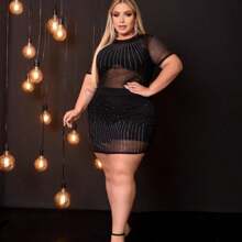 Plus Size Tulle Dress Set With Rhinestones / Rhinestone Dress + Shorts + Cropped Plus - 黑色 - 查看 1