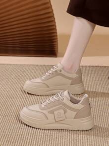 1pair Fashionable Casual Athletic Style Women Sneakers, Canvas Lightweight Comfortable Lace-Up Flat Shoes For Students - Khaki - View 6