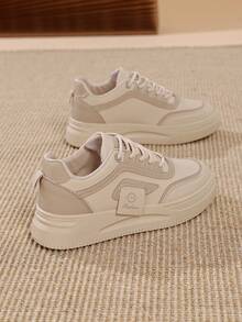 1pair Fashionable Casual Athletic Style Women Sneakers, Canvas Lightweight Comfortable Lace-Up Flat Shoes For Students - Khaki - View 2