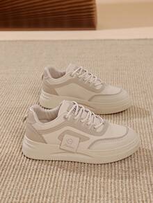 1pair Fashionable Casual Athletic Style Women Sneakers, Canvas Lightweight Comfortable Lace-Up Flat Shoes For Students - Khaki - View 3